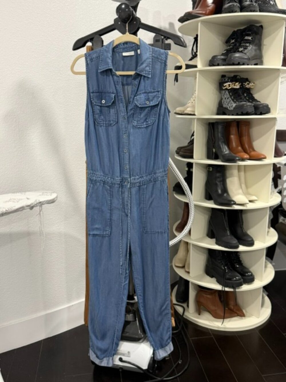 New York & Company XS Chambray Tencel Sleeveless Utility Jumpsuit Button Front - Picture 1 of 10